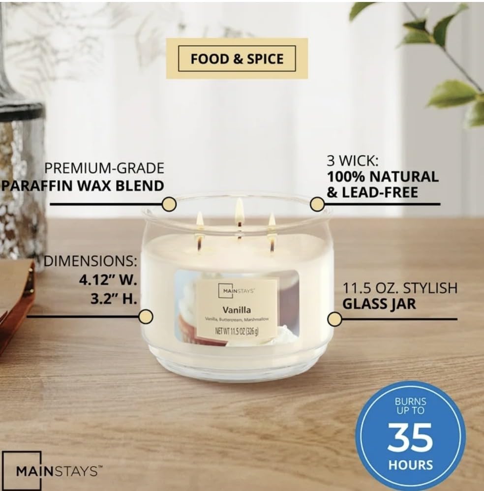 Vanilla Scented 3-Wick Glass Jar Candle, 11.5 oz 2Pack